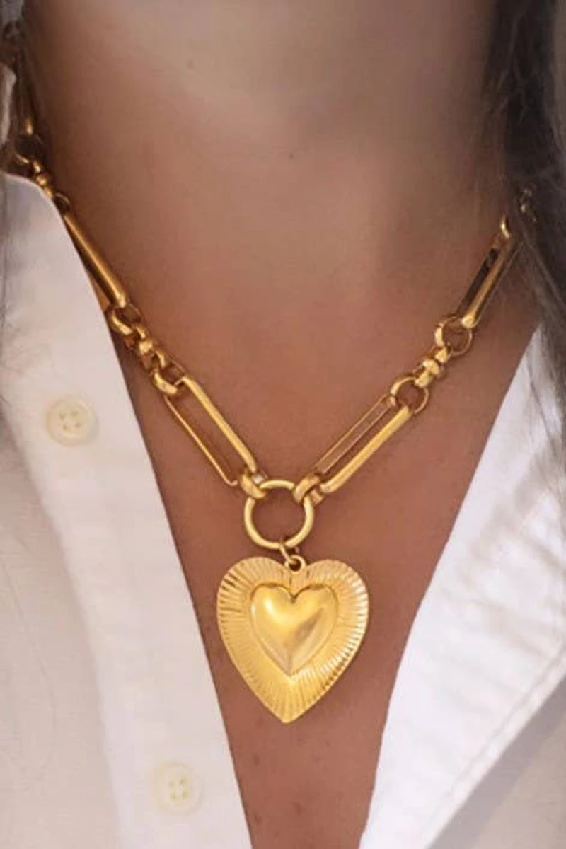 ETCHED HEART CHUNKY CHAIN STATEMENT NECKLACE | 40NK9576: GOLD