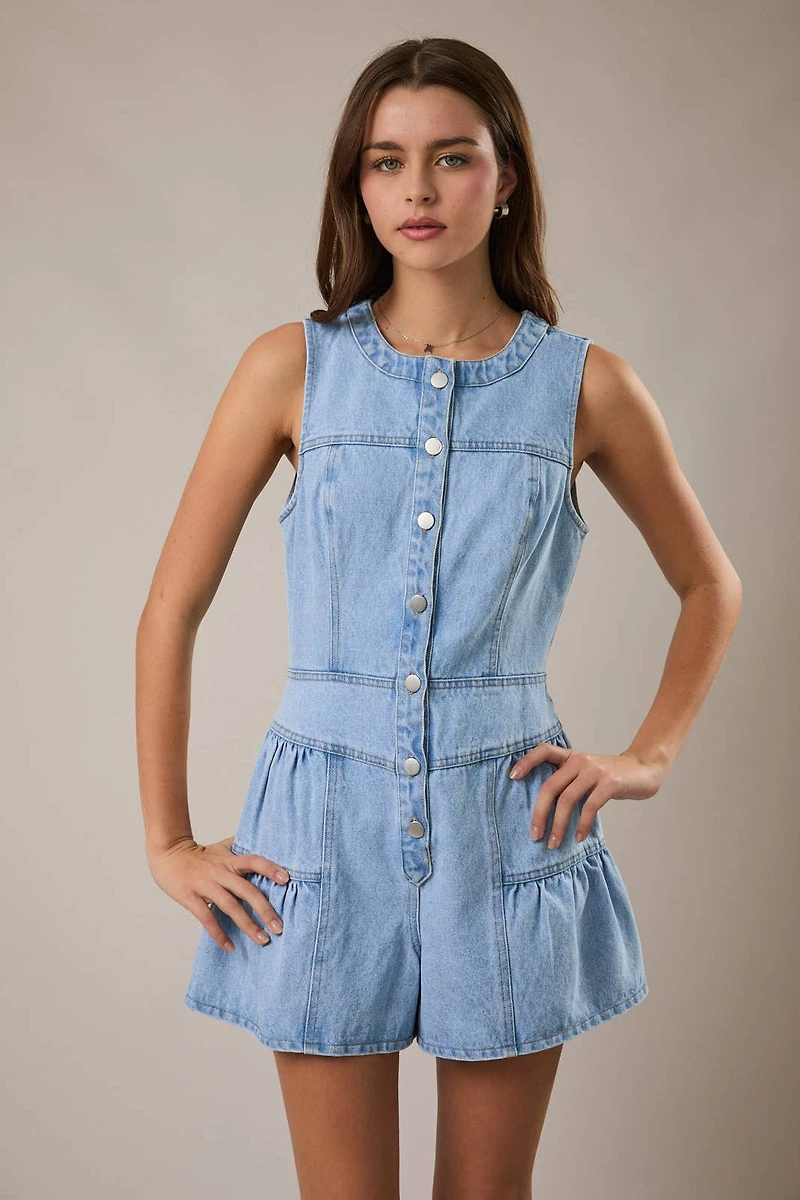 Blue Sleeveless Ruffle Romper