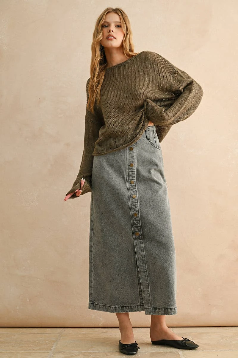 Gray Button Front Washed Skirt