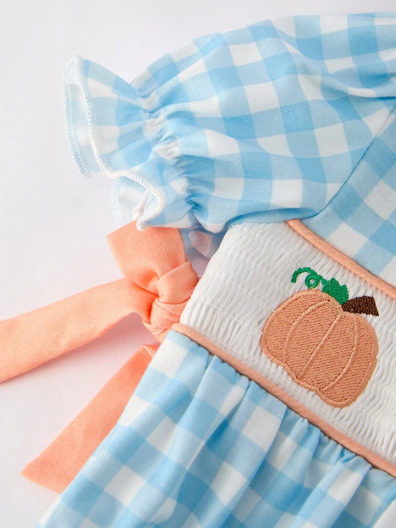 Halloween Pumpkin Embroidery Smocking Blue Plaid Romper