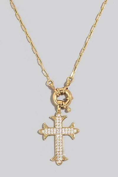 Intricate Pave Gothic Cross Pendant Chain Necklace