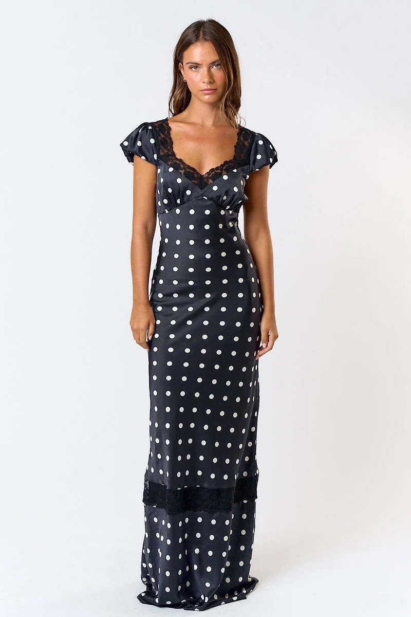 Satin Polka Dot Lacy Maxi Dress