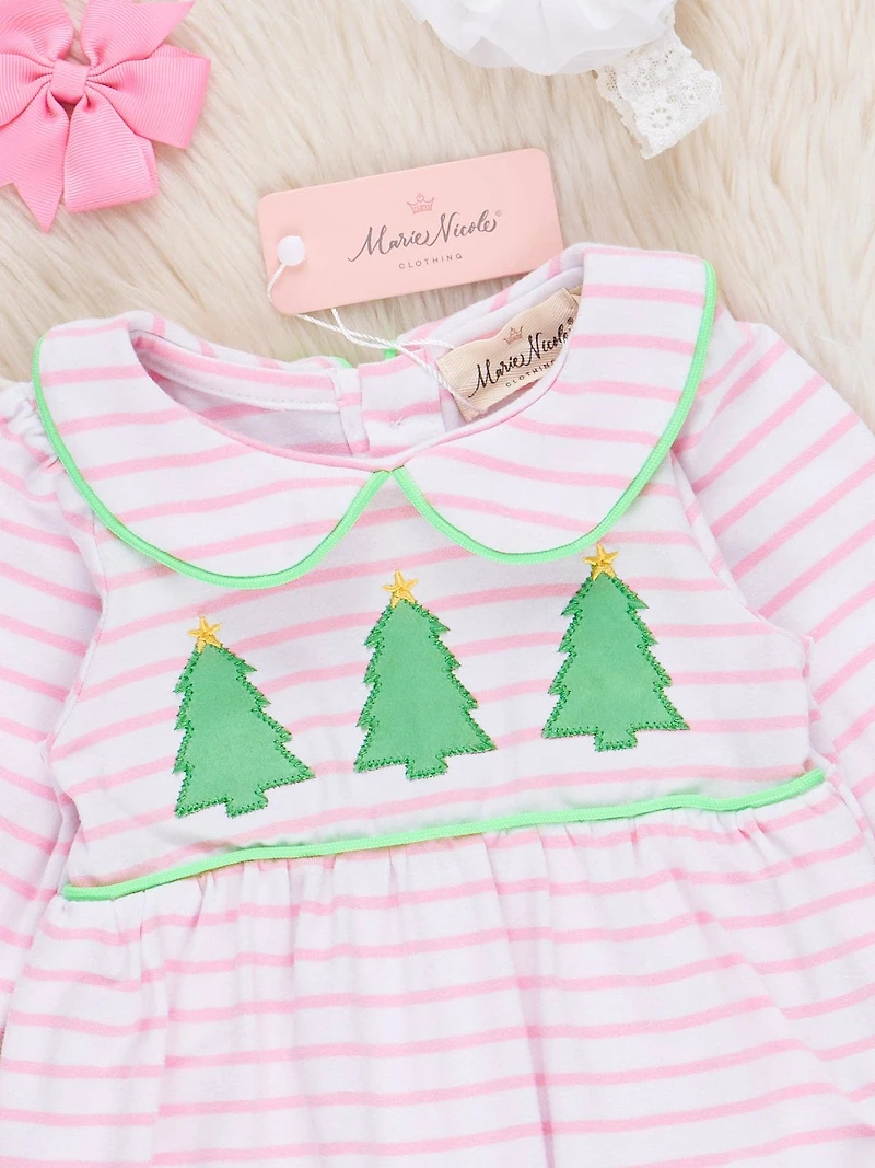 Lime & Pink Embroidered Christmas Trees Romper