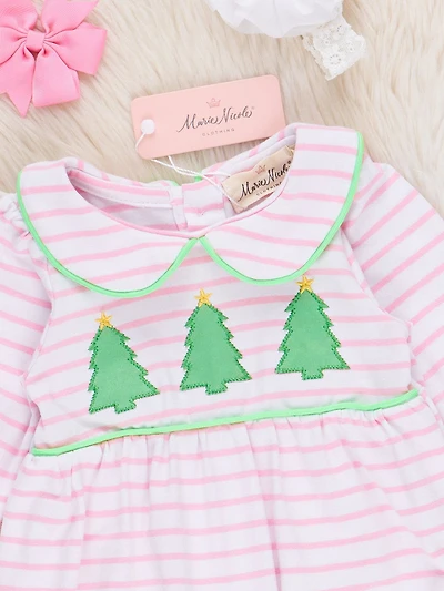 Lime & Pink Embroidered Christmas Trees Romper