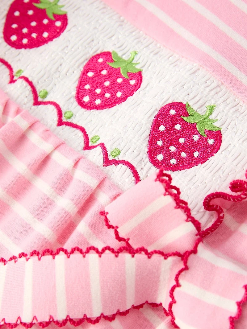 Strawberry Embroidery Pink Stripe Smocked Romper