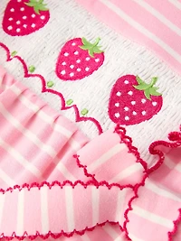 Strawberry Embroidery Pink Stripe Smocked Romper