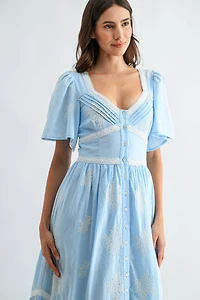 Blue Embroidered Midi Dress