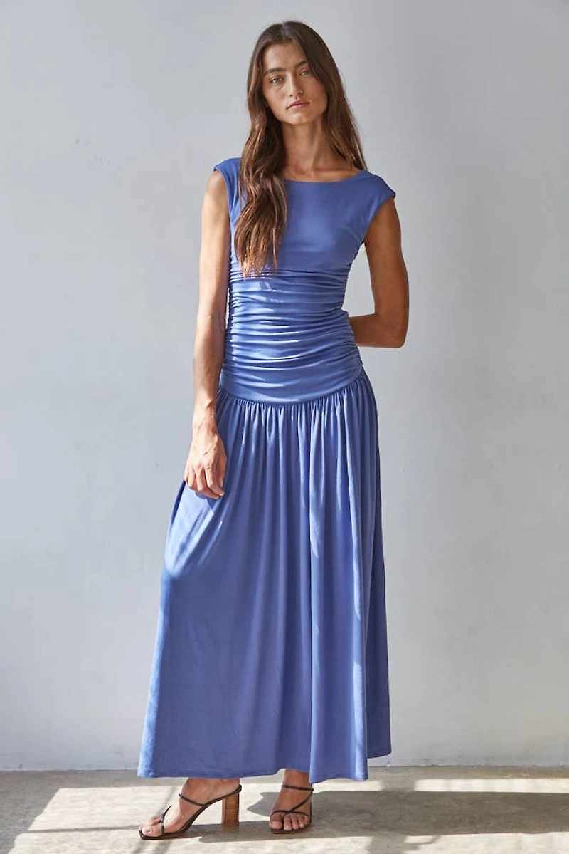 Blue Ruched Side Sleeveless Dress