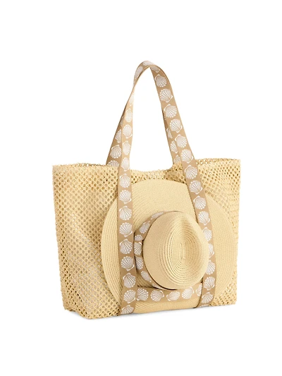 Tan Shell Beach Bag & Hat Set