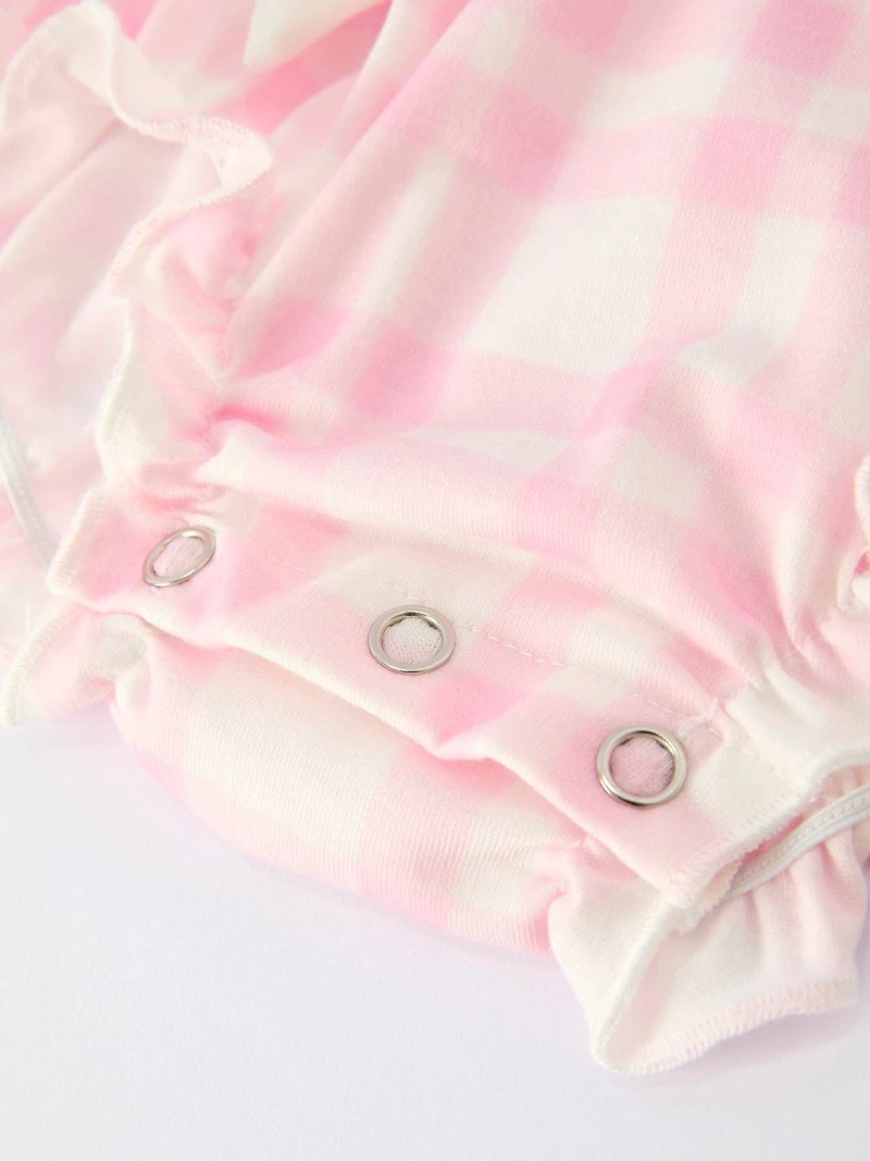 Pink Gingham  Romper with Ballet Shoe Embroidery