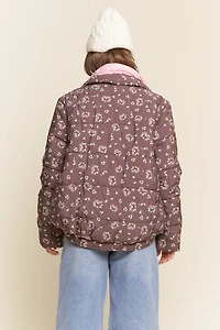 Brown Floral Bow Puffer Jacket