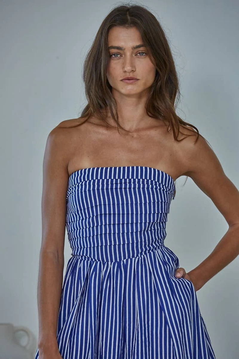 Striped Strapless Flare Maxi Dress