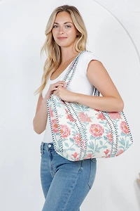 White Floral Quilted Tote Bag