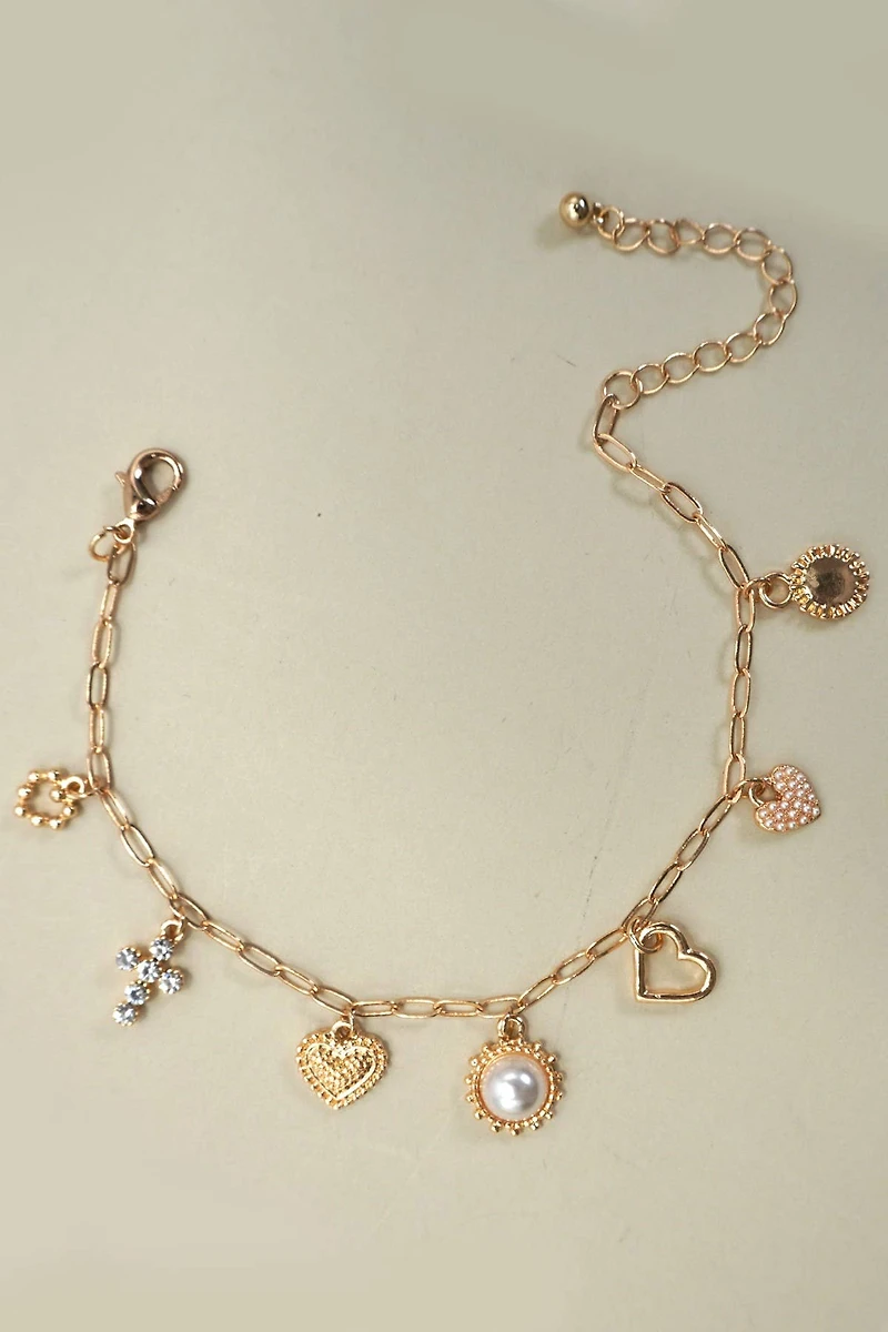 CHARM BRACELET-LINK CHAIN HEART PEARL CROSS CHARMS