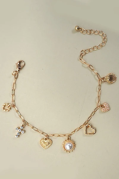 CHARM BRACELET-LINK CHAIN HEART PEARL CROSS CHARMS
