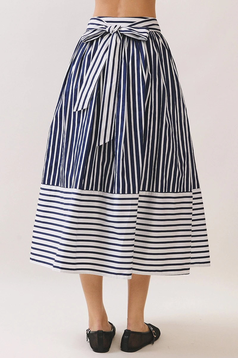 Navy Striped High Waist Midi Skirt