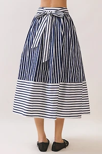Navy Striped High Waist Midi Skirt