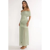 Green Asymmetrical Off Shoulder Dress