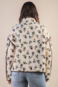 White Floral Printed Fleece Sherpa Jacket