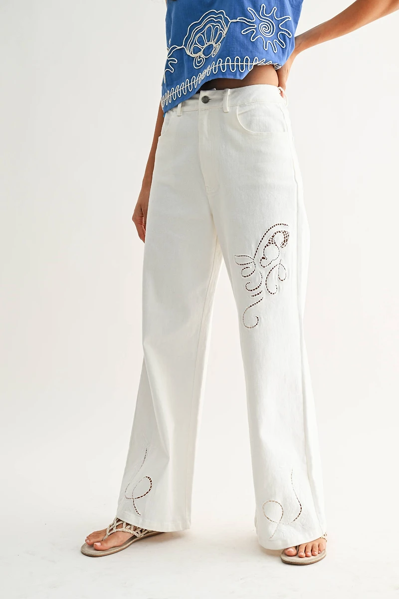 White Wide-Leg Trousers w/ Cutout
