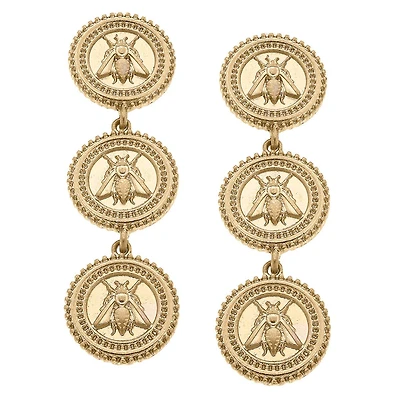 Lizette Bee Medallion Triple Drop Earrings in Worn Gold