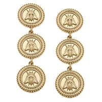 Lizette Bee Medallion Triple Drop Earrings in Worn Gold