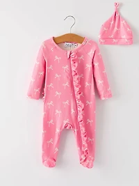 Christmas Bow Pink Romper with Hat: Sweet and Stylish Baby Outfit