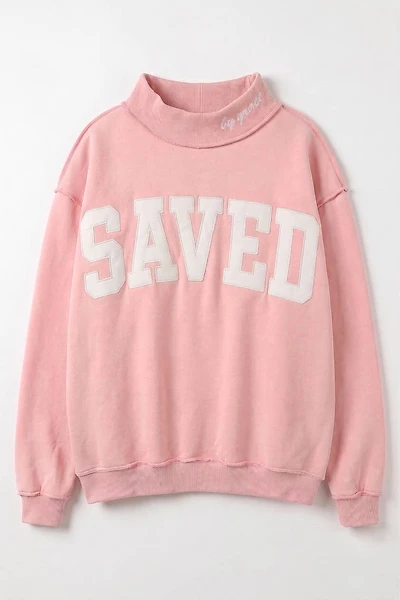 Pink Embroidered "SAVED" Mock Neck