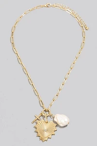 Single Stud Hear And Pearl Charm Chain Necklace