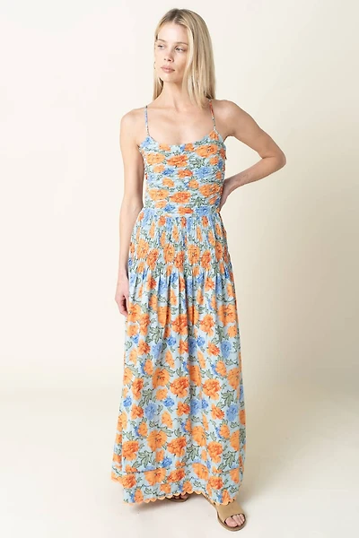 Azure Blossom Smocked Maxi Dress