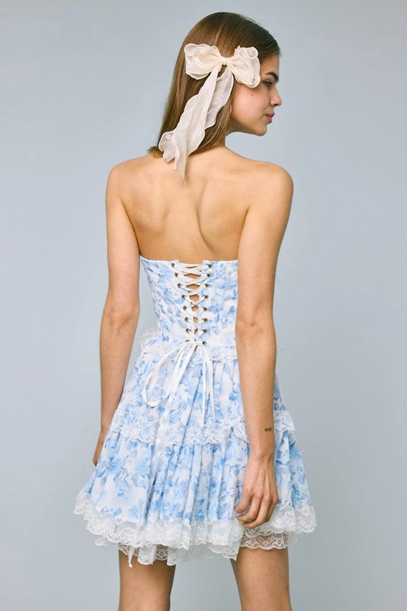 Blue Floral Corset Lace Mini Dress