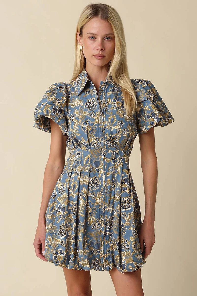 Blue & Gold Floral Mini Dress