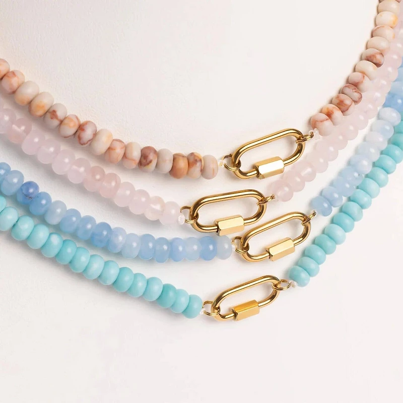 Stainless Steel Pink Chunky Glass Bead Necklace