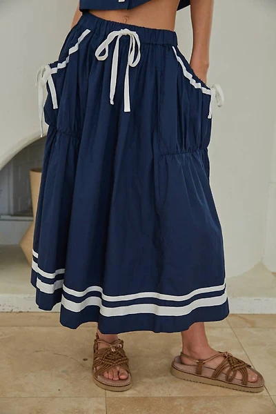 Navy Front Tie Button Down Flare Midi Skirt