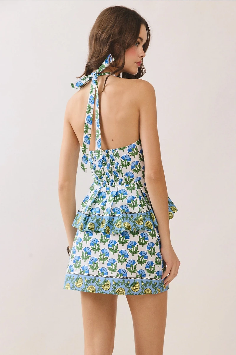 Blue Floral Print Halter Neck Top
