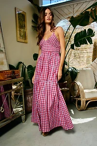 Red Gingham Smocked Maxi Dress