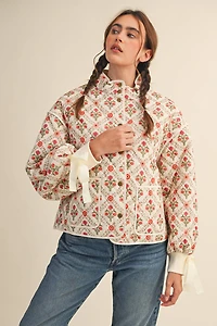 Ivory Floral Quilted Jacket With Ribbon Detail