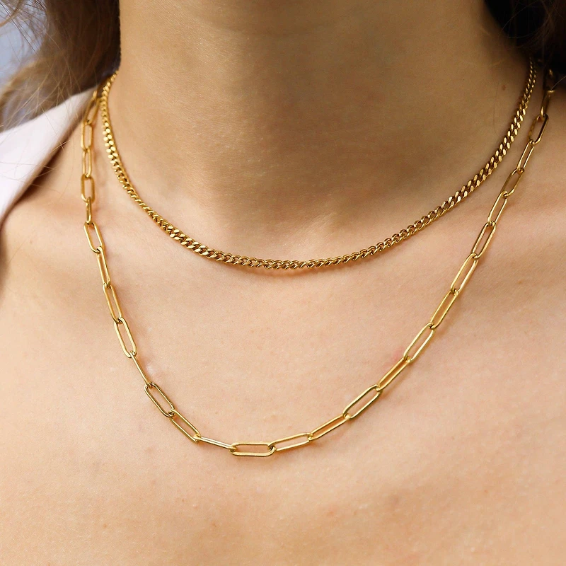 18K Gold Stainless Steel and Paperclip Layered Chain Necklace