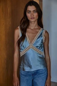 Blue Lace Trim Detail Sleeveless Top