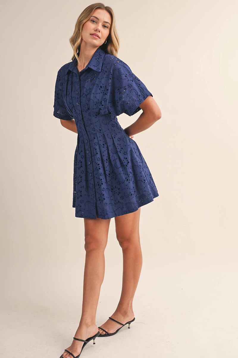 Navy Eyelet Pleated Mini Dress