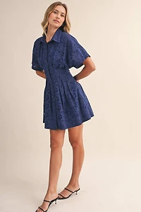 Navy Eyelet Pleated Mini Dress