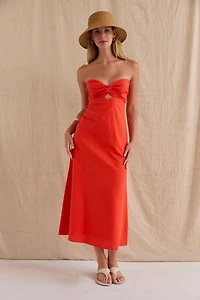 Orange Linen Front Twist Midi Dress