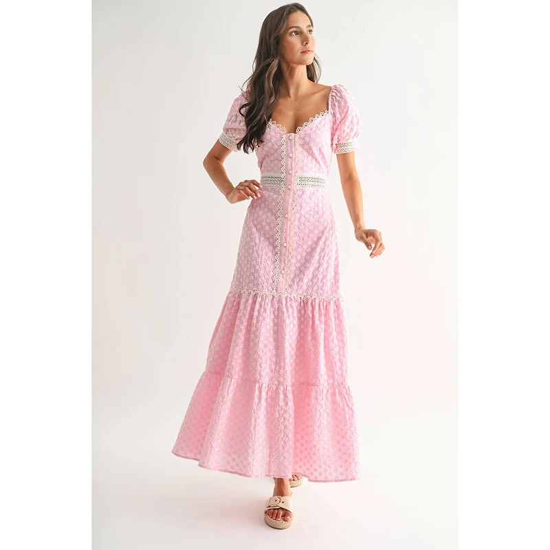 Pink Lace-Trimmed Maxi Dress