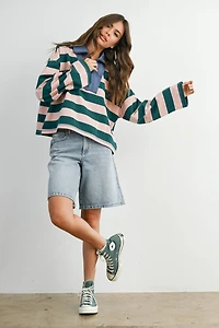 Green Striped Quarter-Zip Contrast Collar Sweatshirt