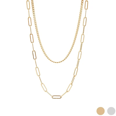 18K Gold Stainless Steel and Paperclip Layered Chain Necklace