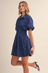 Navy Eyelet Pleated Mini Dress