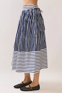 Navy Striped High Waist Midi Skirt