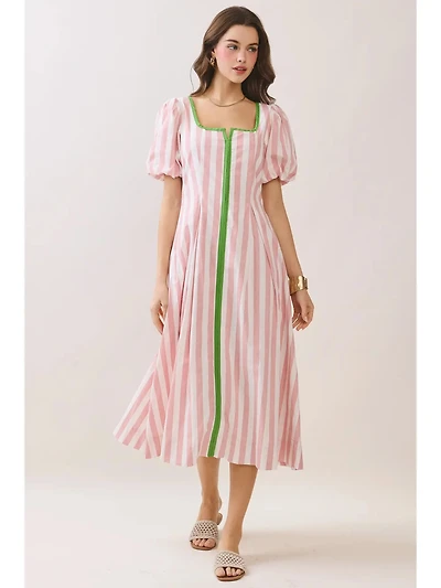 Pink Striped Square Neck Midi Dress
