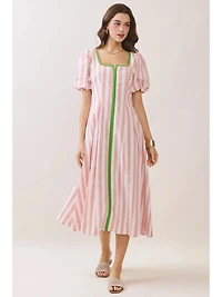 Pink Striped Square Neck Midi Dress