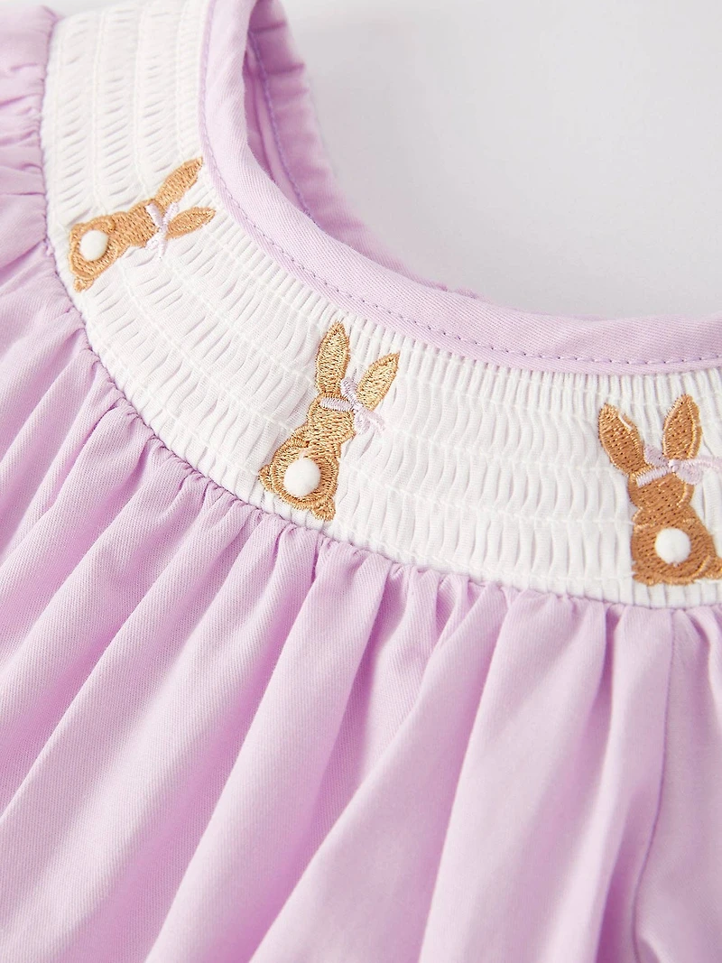 Girls Easter Bunny Smocking Embroidered Lace Cuff Purple